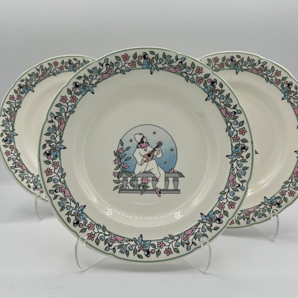 Vintage Gien France Pierrot et Colombine Dessert Plate Set 6pc MINT / UNUSED